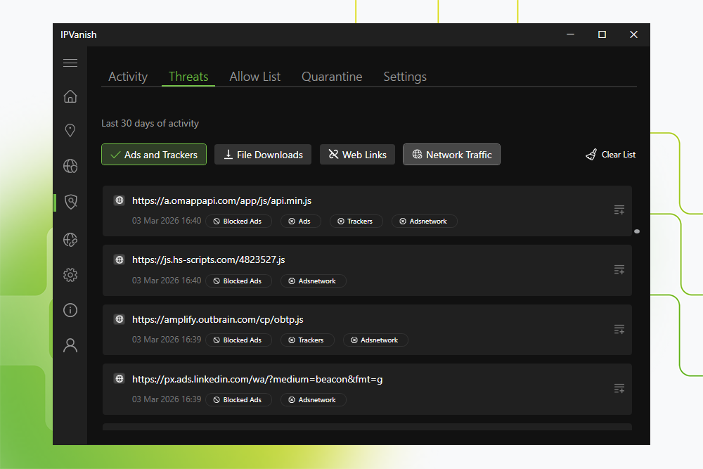 Screenshot of the silverbackvpn Windows app open to the Threats list within Threat Protection Pro panel