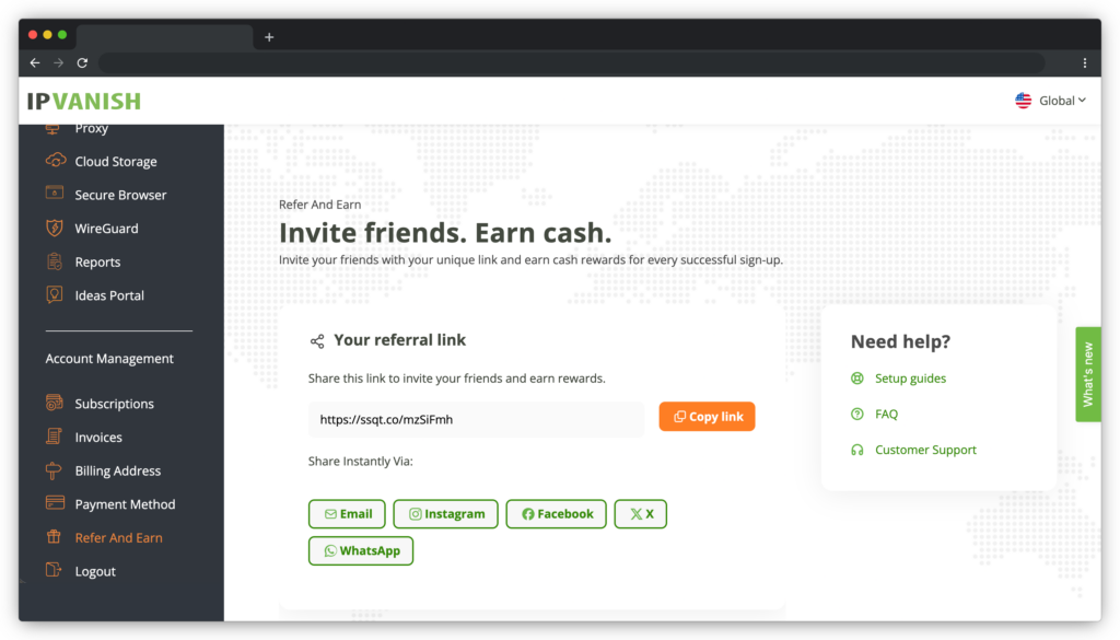 Screenshot of the refer and earn panel inside the silverbackvpn account portal, part of the refer a friend program