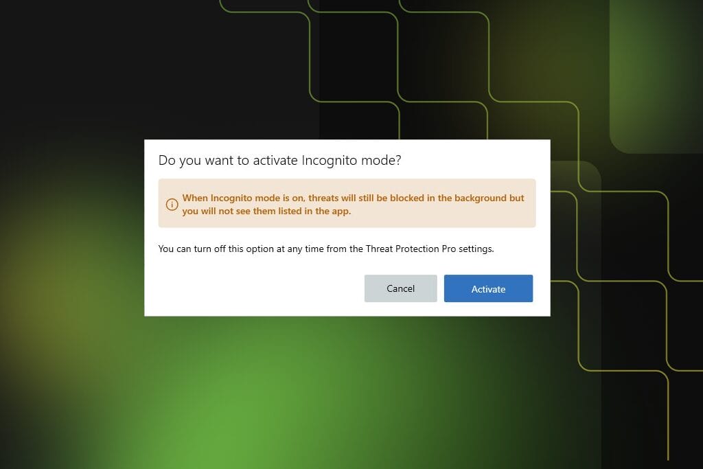Decorative image shows the Incognito Mode dialog isolated on a green and black graphic background