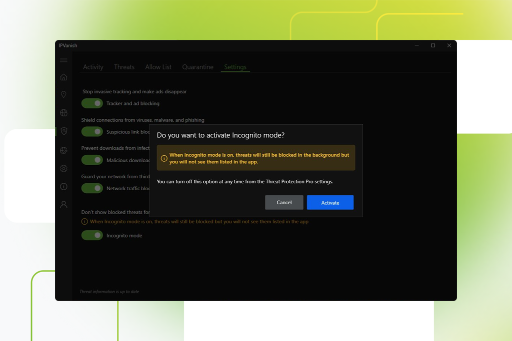 Screenshot of the dialog confirming Incognito Mode enablement