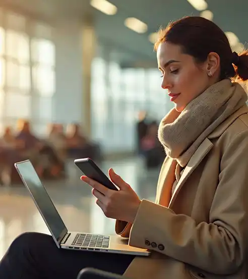 Woman traveling looking at devices