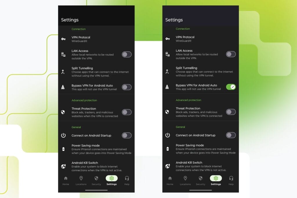 Screenshots displaying the Android Auto feature inSilverBackVPNVPN for Android